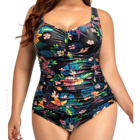 Daci Women’s 16W Tropical Print Ruched One Piece Swimsuit - Picture 1 of 6